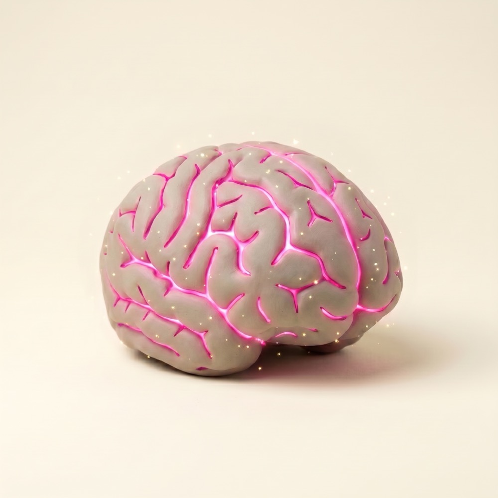 A clay brain lit with glowing pink pathways