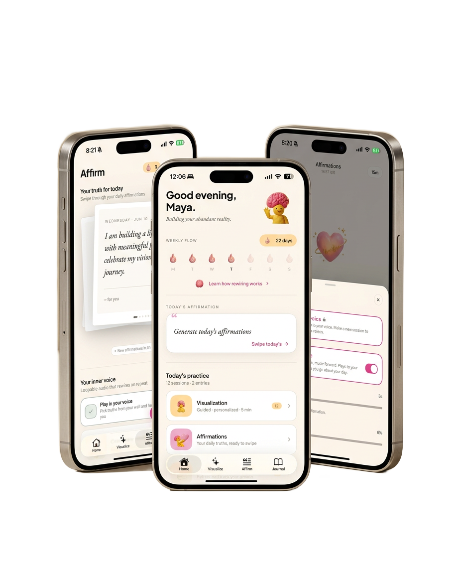 The Plasti AI app — home, affirmations, and subliminal voice screens on three iPhones